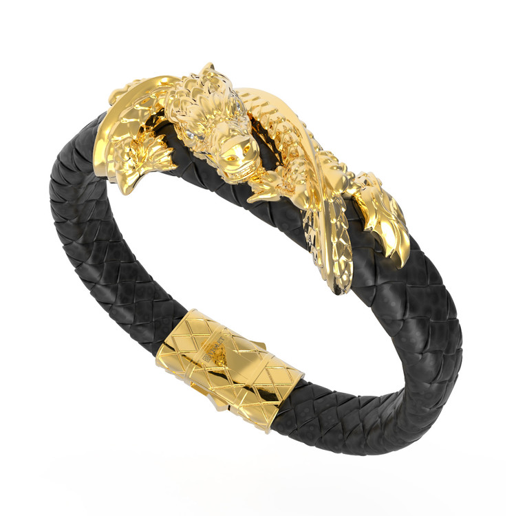 Браслет из лимонного золота 585 пробы c бриллиантами и кожаным шнурком