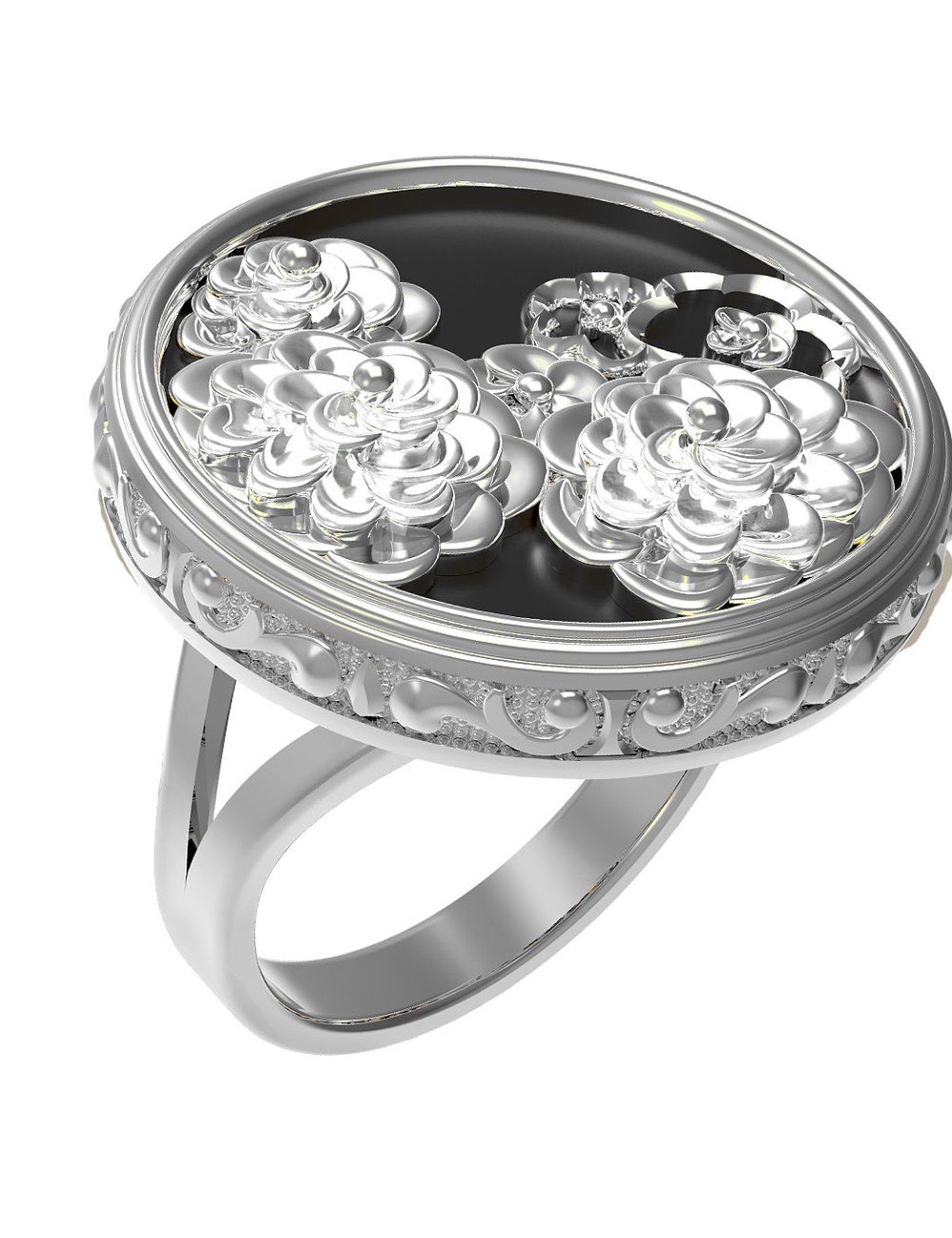 Кольцо из белого золота c ониксом и перламутром