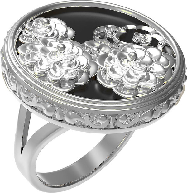 Кольцо из белого золота 585 пробы c ониксом и перламутром