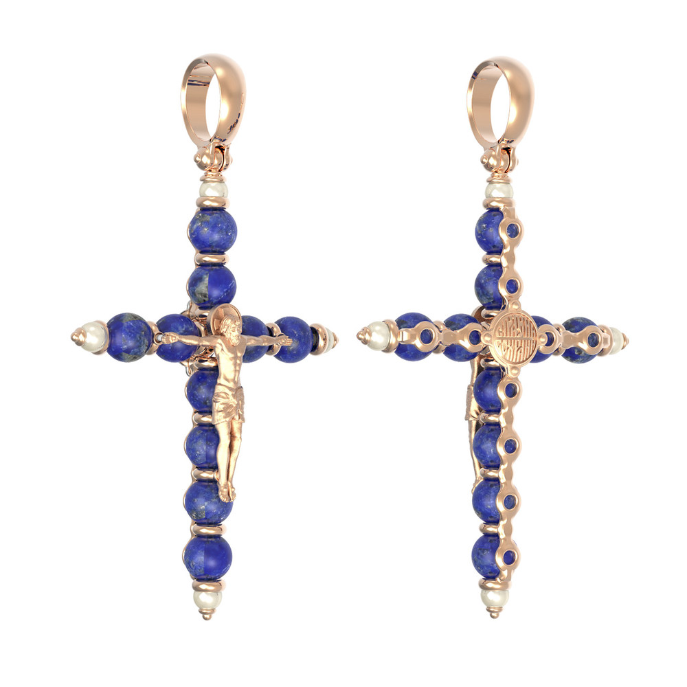 Крест из красного золота 585 пробы c жемчугом и лазуритом