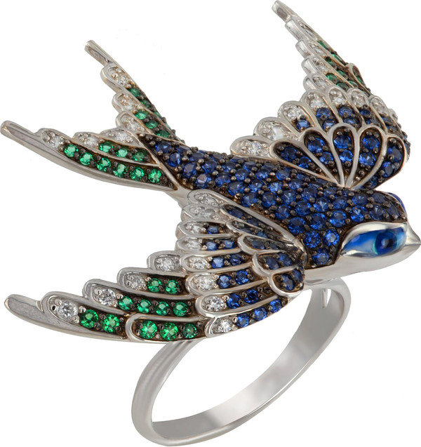 Кольцо из белого золота 585 пробы c эмалью и фианитом