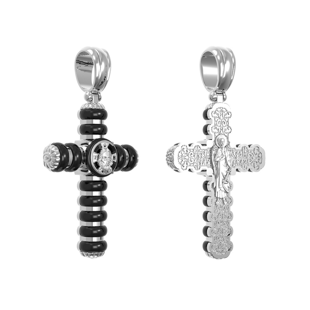 Крест из белого золота 585 пробы c ониксом