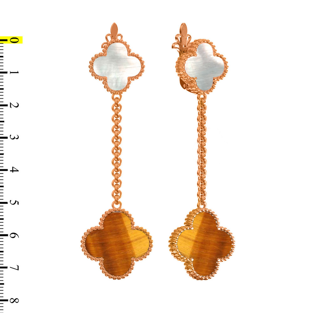 Серьги из красного золота 585 пробы c тигровым глазом и перламутром