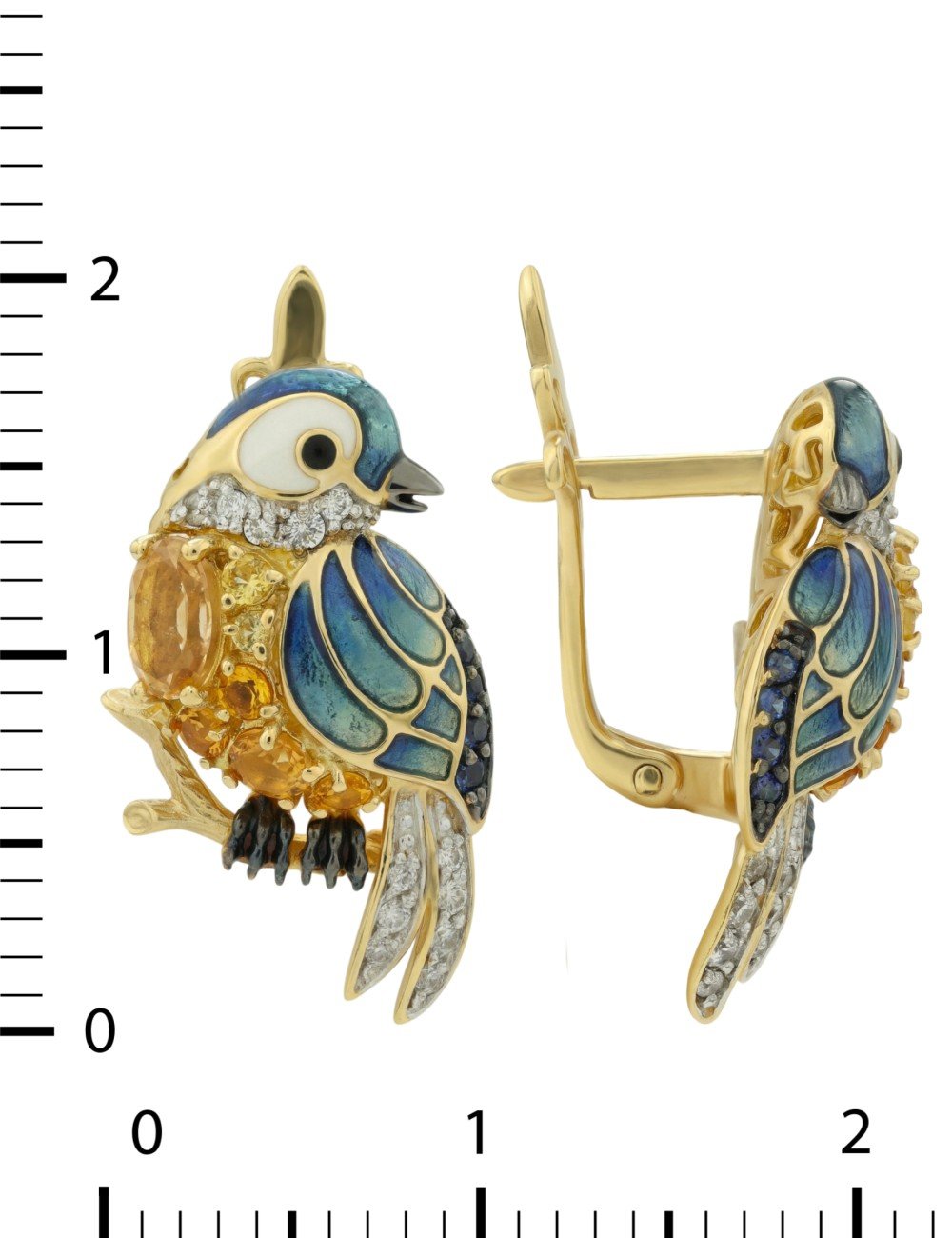 Серьги из лимонного золота c эмалью, фианитом, цитрином и сапфиром