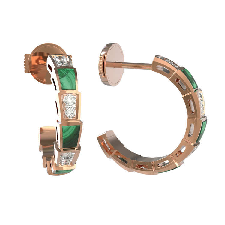 Серьги из красного золота 585 пробы c бриллиантами и малахитом