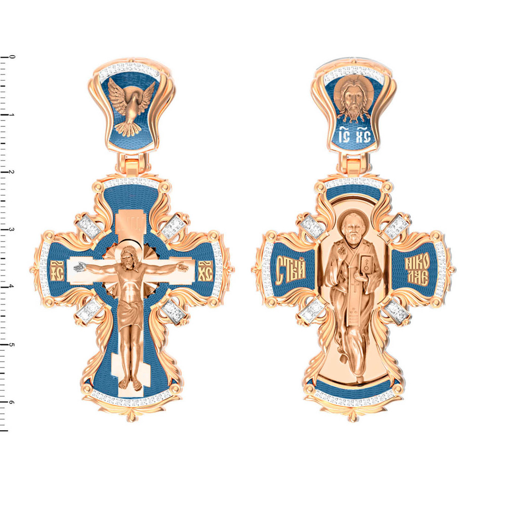 Крест из красного золота 585 пробы c эмалью и бриллиантами