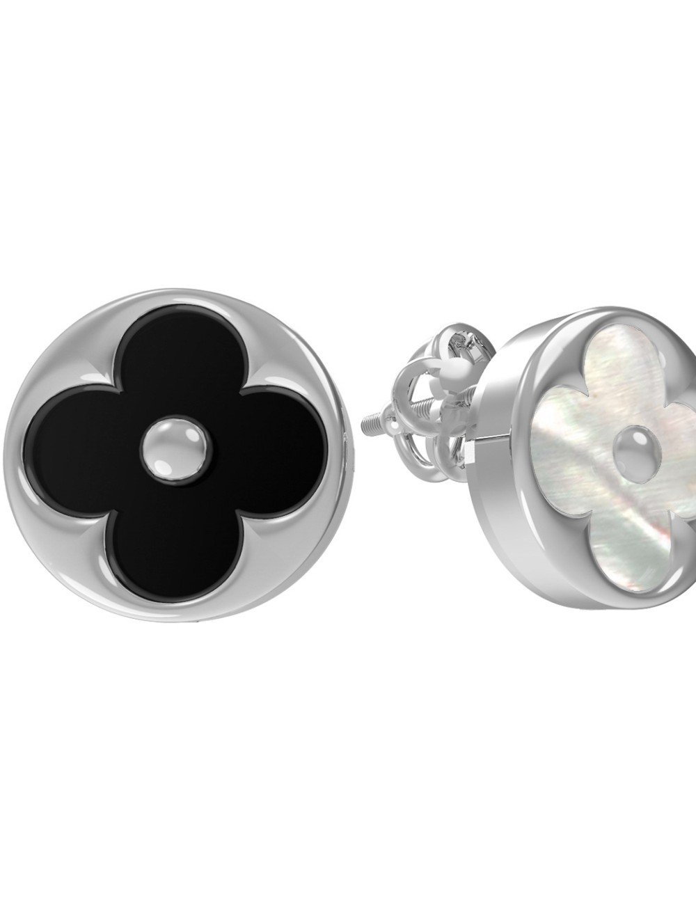 Серьги из белого золота c ониксом и перламутром