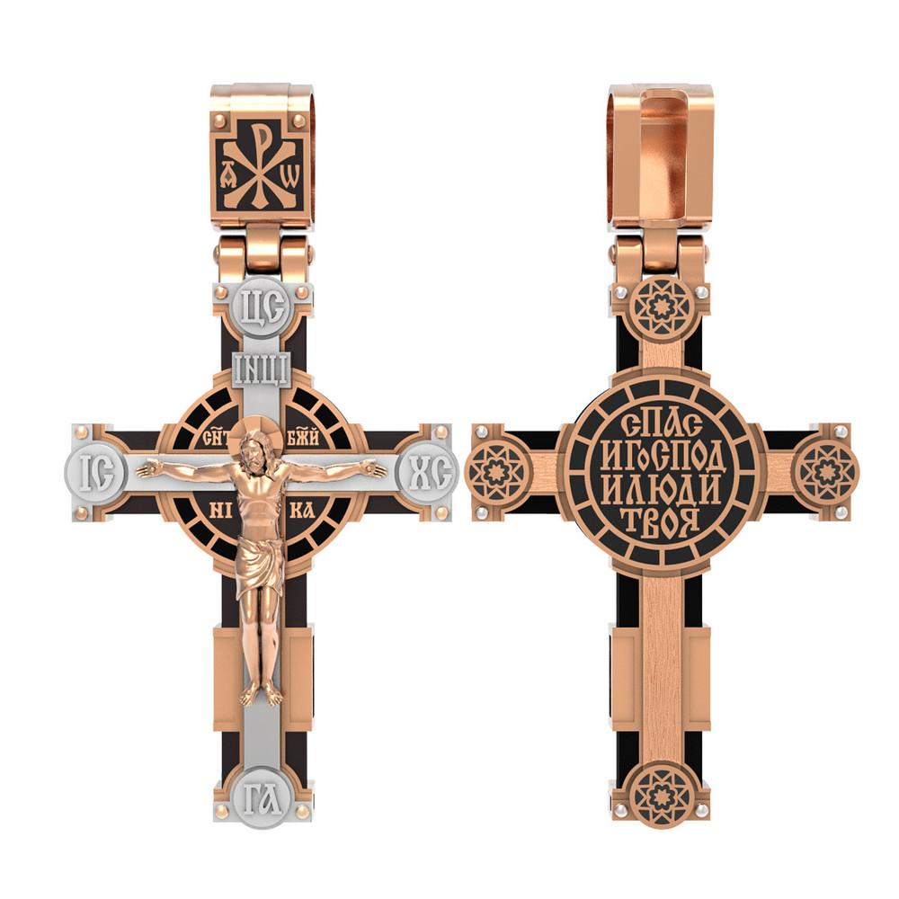 Крест из красного золота 585 пробы c эмалью и эбеновым деревом