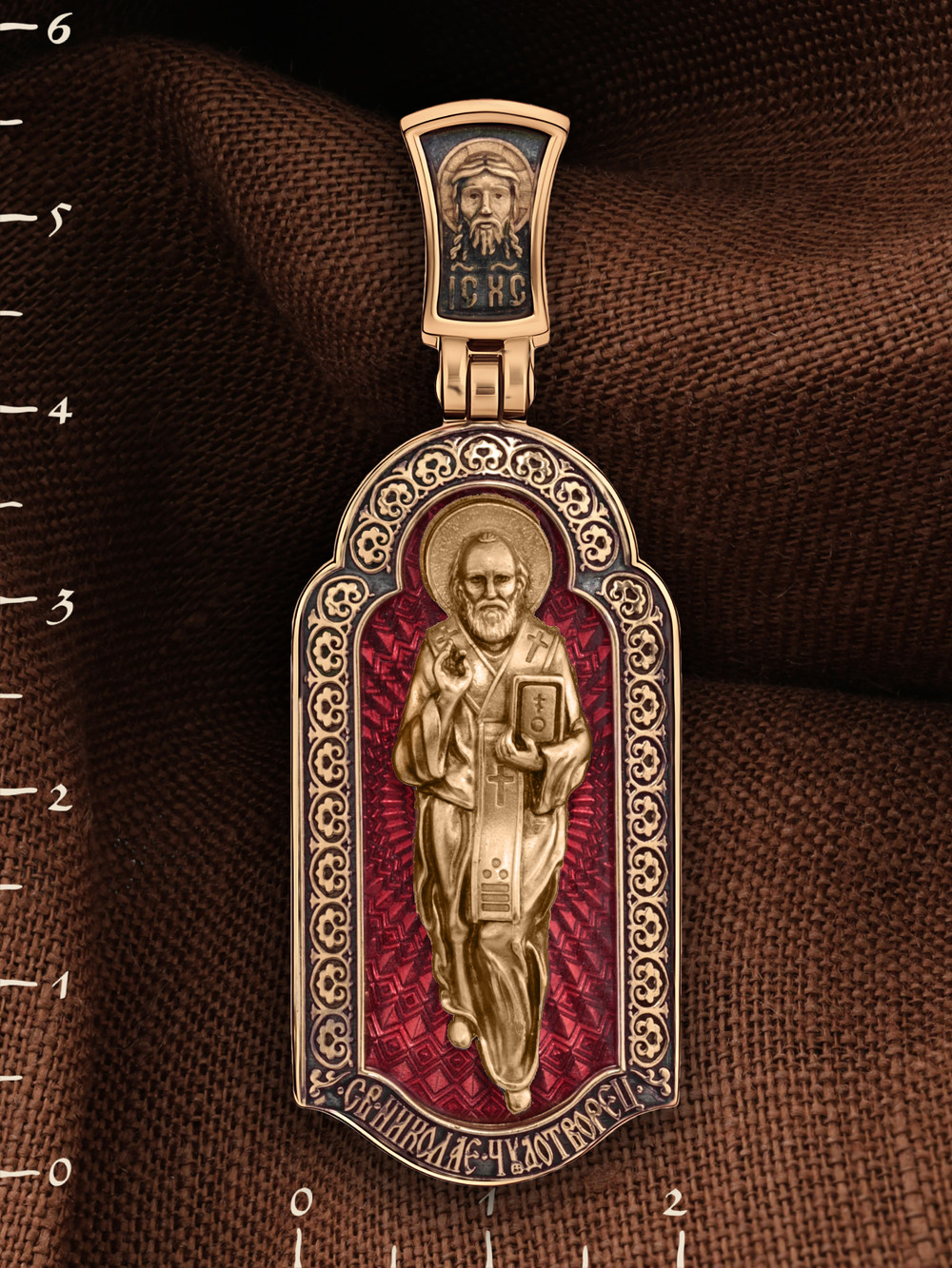 Нательная икона из красного золота 585 пробы c эмалью