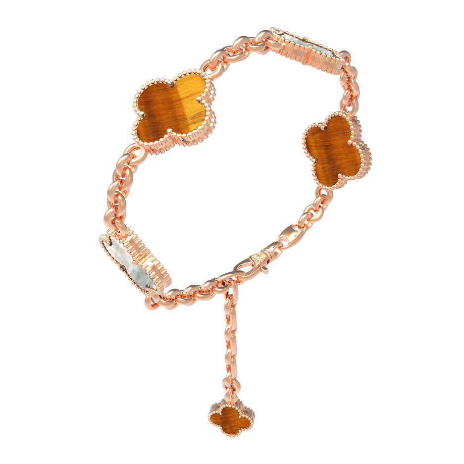 Браслет из красного золота 585 пробы c тигровым глазом и перламутром