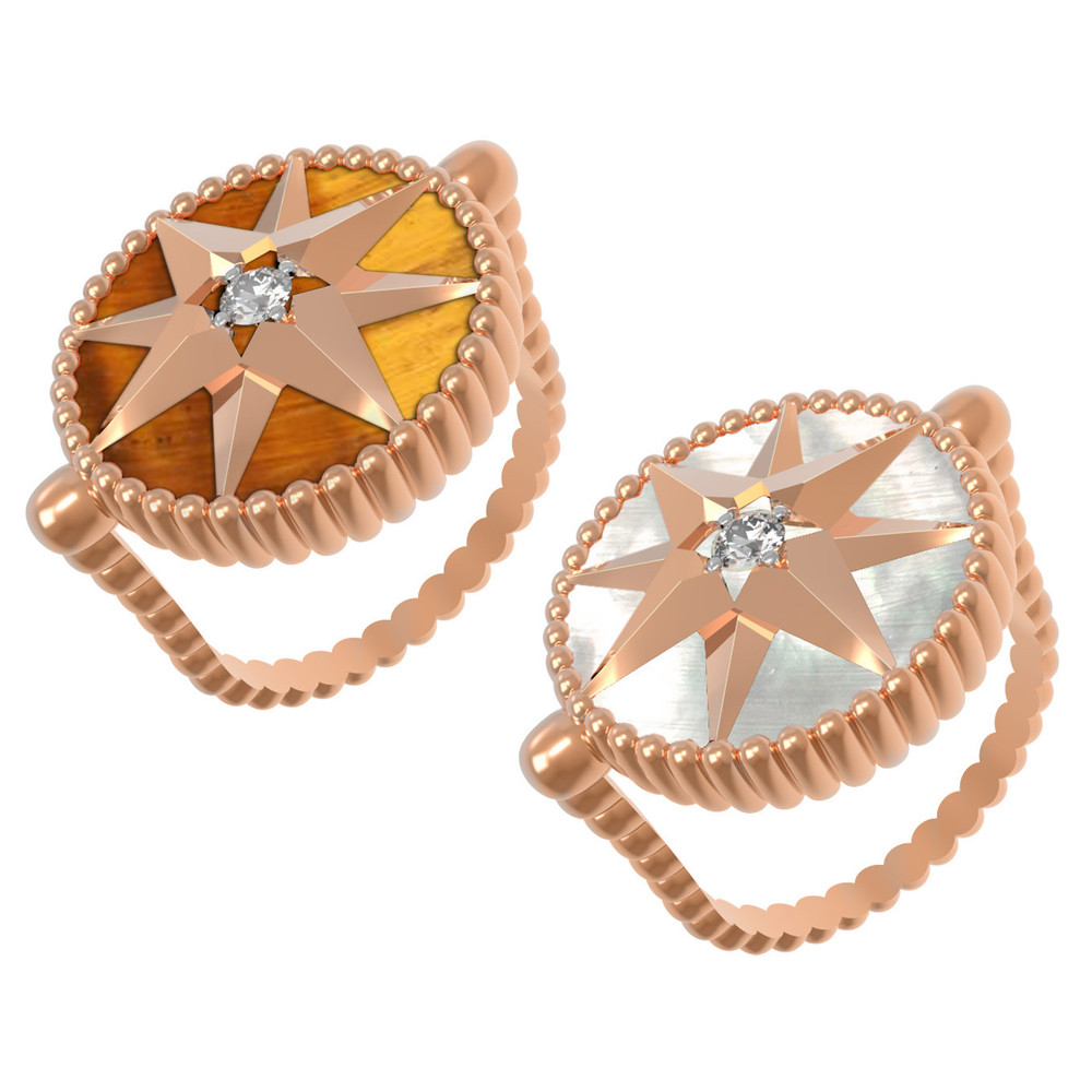 Кольцо из красного золота 585 пробы c фианитом, тигровым глазом и перламутром