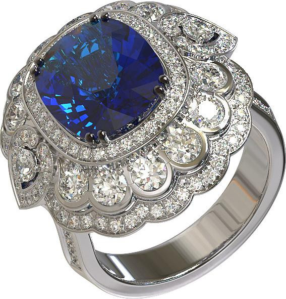 Кольцо из белого золота 585 пробы c бриллиантами и сапфиром