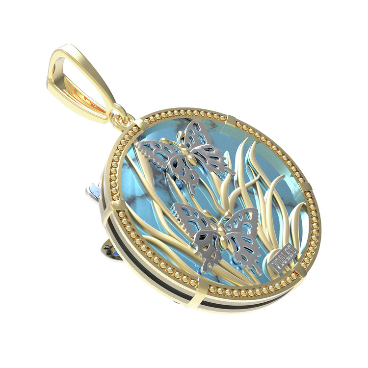 Подвеска из лимонного золота 585 пробы c бирюзой, аметистом и эмалью