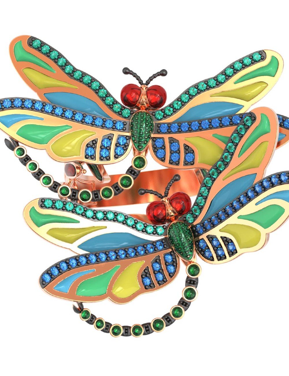 Кольцо из золота c сапфиром, изумрудом и эмалью