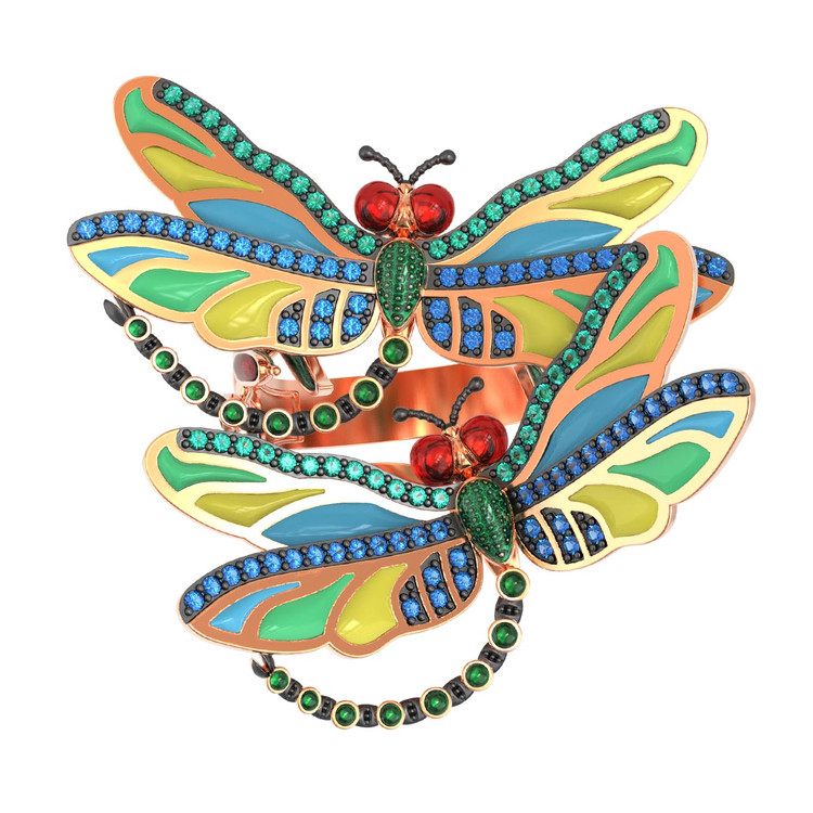 Кольцо из красного золота 585 пробы c сапфиром, изумрудом и эмалью