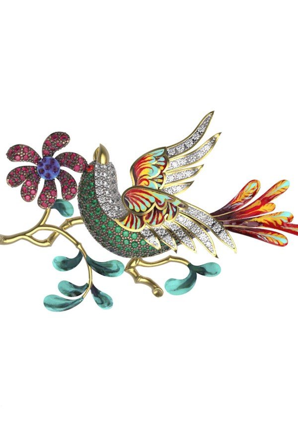 Брошь из лимонного золота c эмалью и фианитом