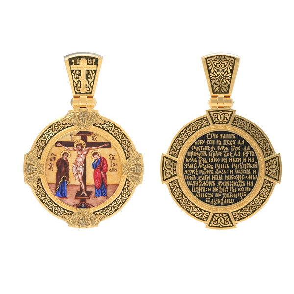 Нательная икона из лимонного золота 585 пробы c эмалью, иконописью и темперой