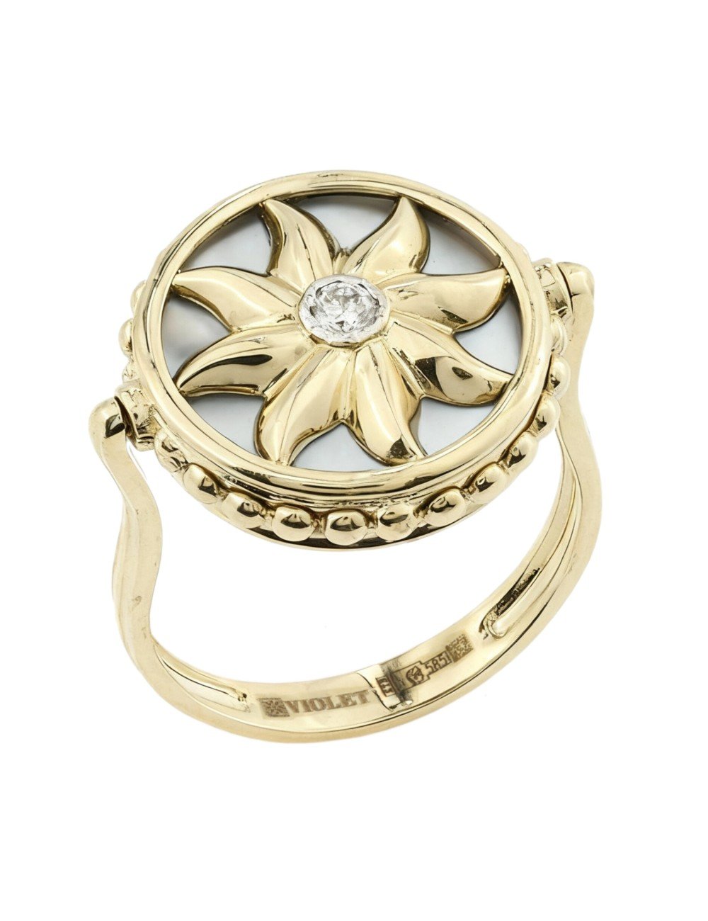 Кольцо из лимонного золота c бриллиантами, лазуритом и перламутром