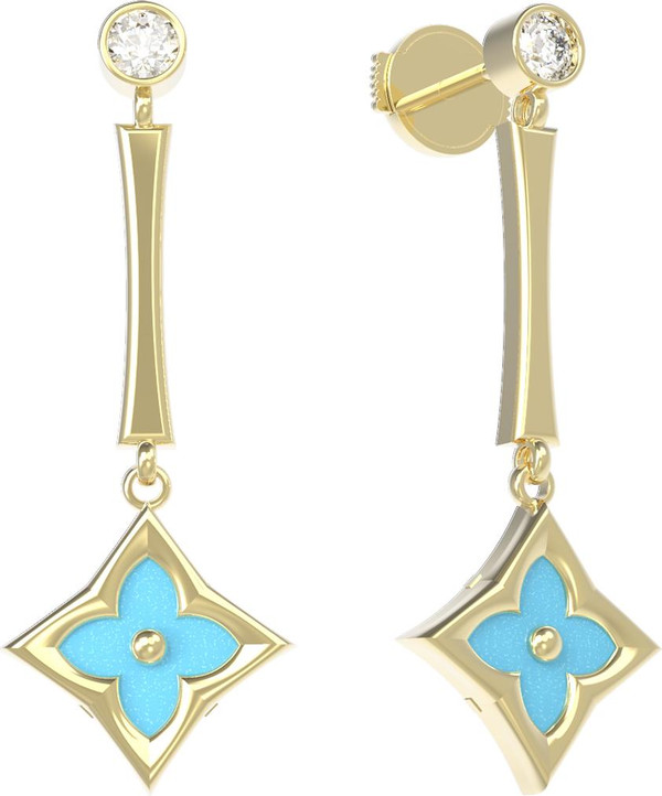 Серьги из лимонного золота 585 пробы c фианитом и бирюзой
