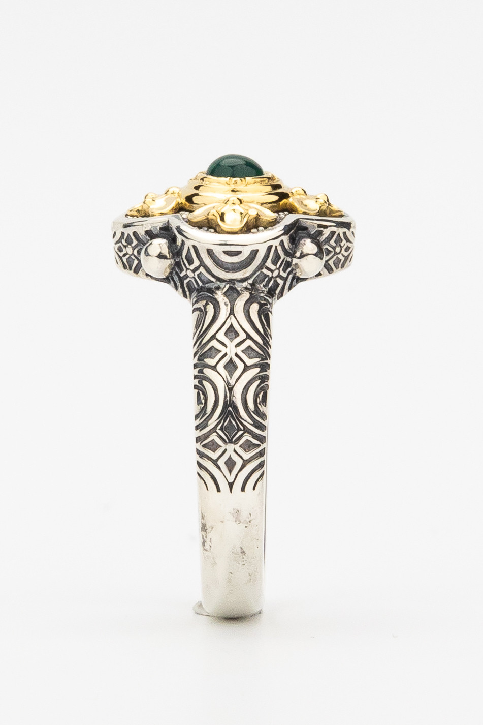 Кольцо из серебра 925 пробы и золота 750 пробы c хризопразом и рубином