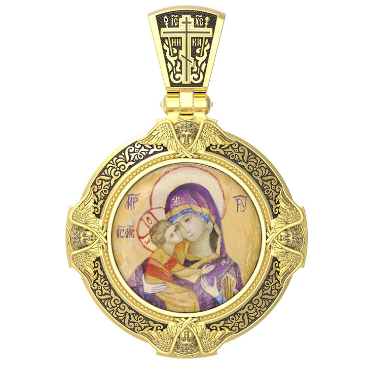 Нательная икона из лимонного золота 585 пробы c эмалью, иконописью и темперой