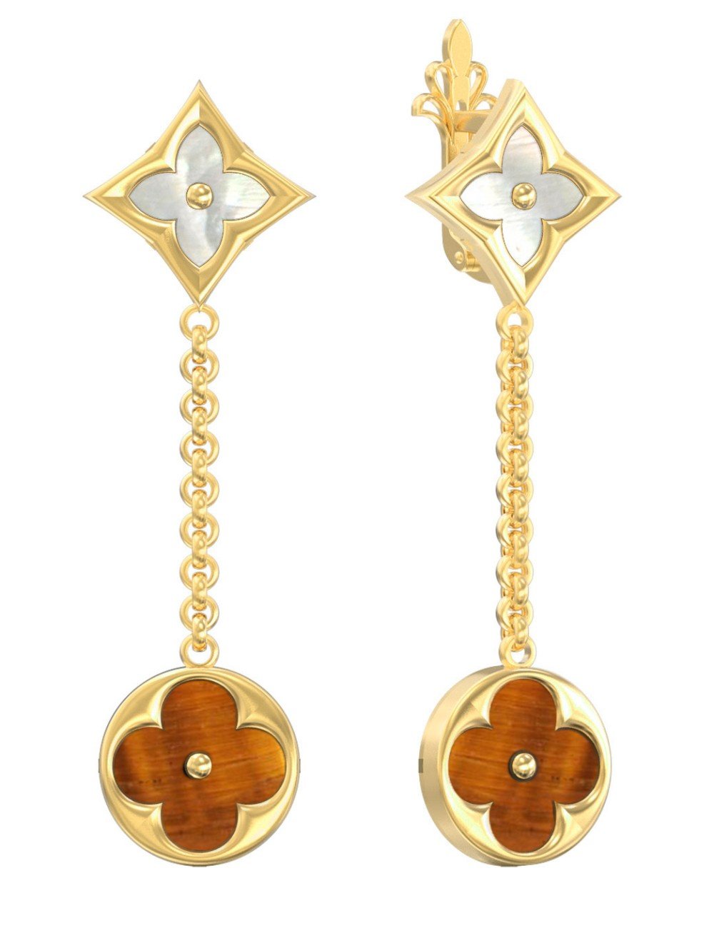 Серьги из лимонного золота c тигровым глазом и перламутром