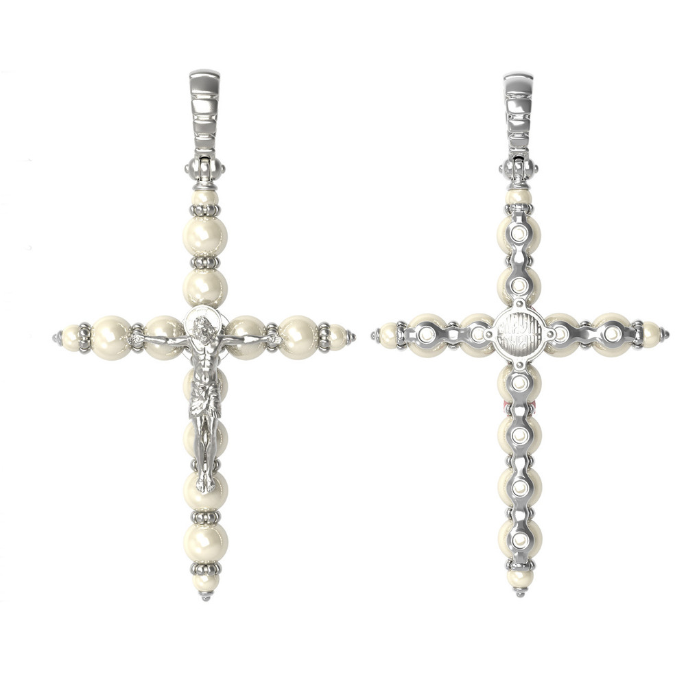Крест из белого золота 585 пробы c жемчугом