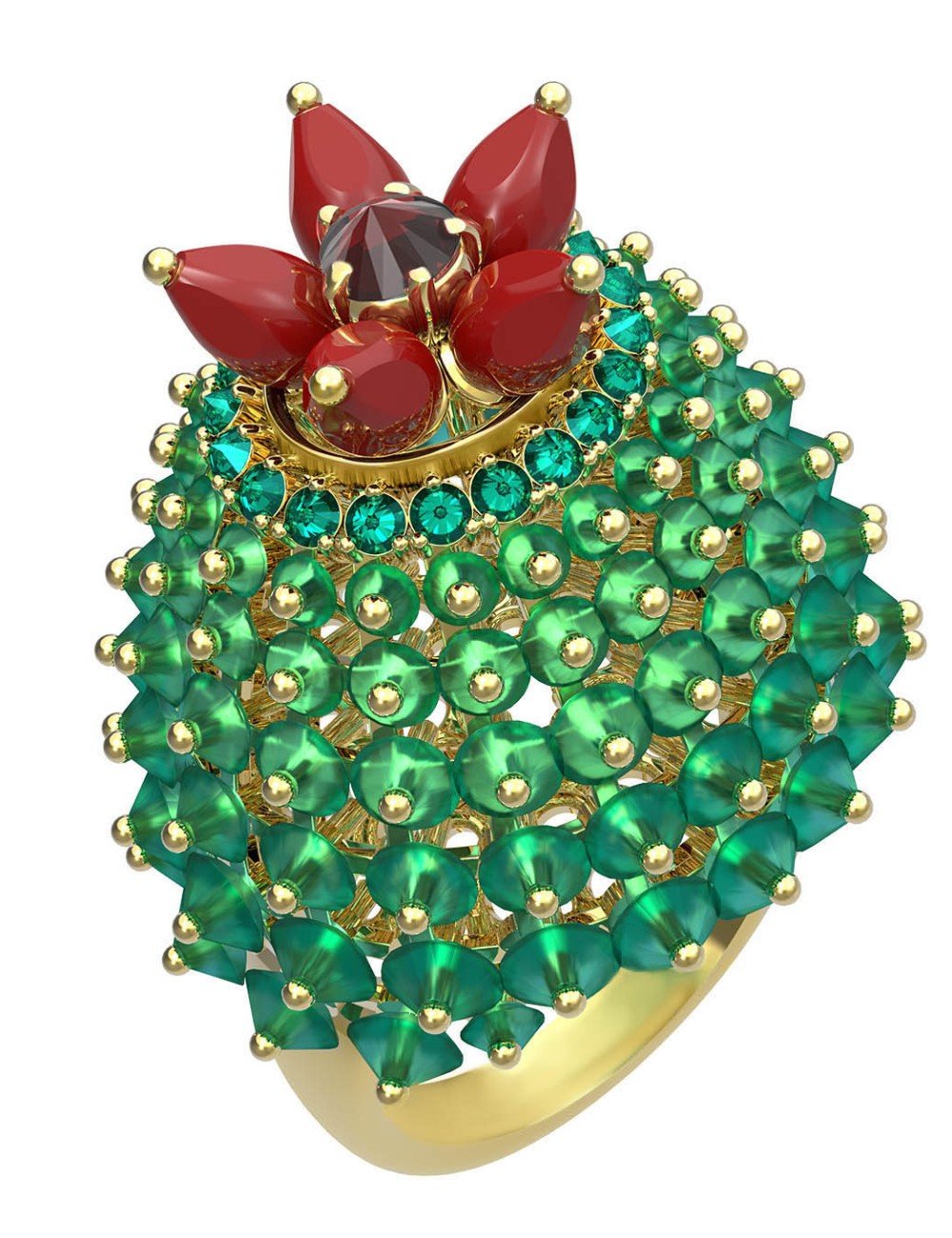 Кольцо из лимонного золота c гранатом, хризопразом, изумрудом и кораллом