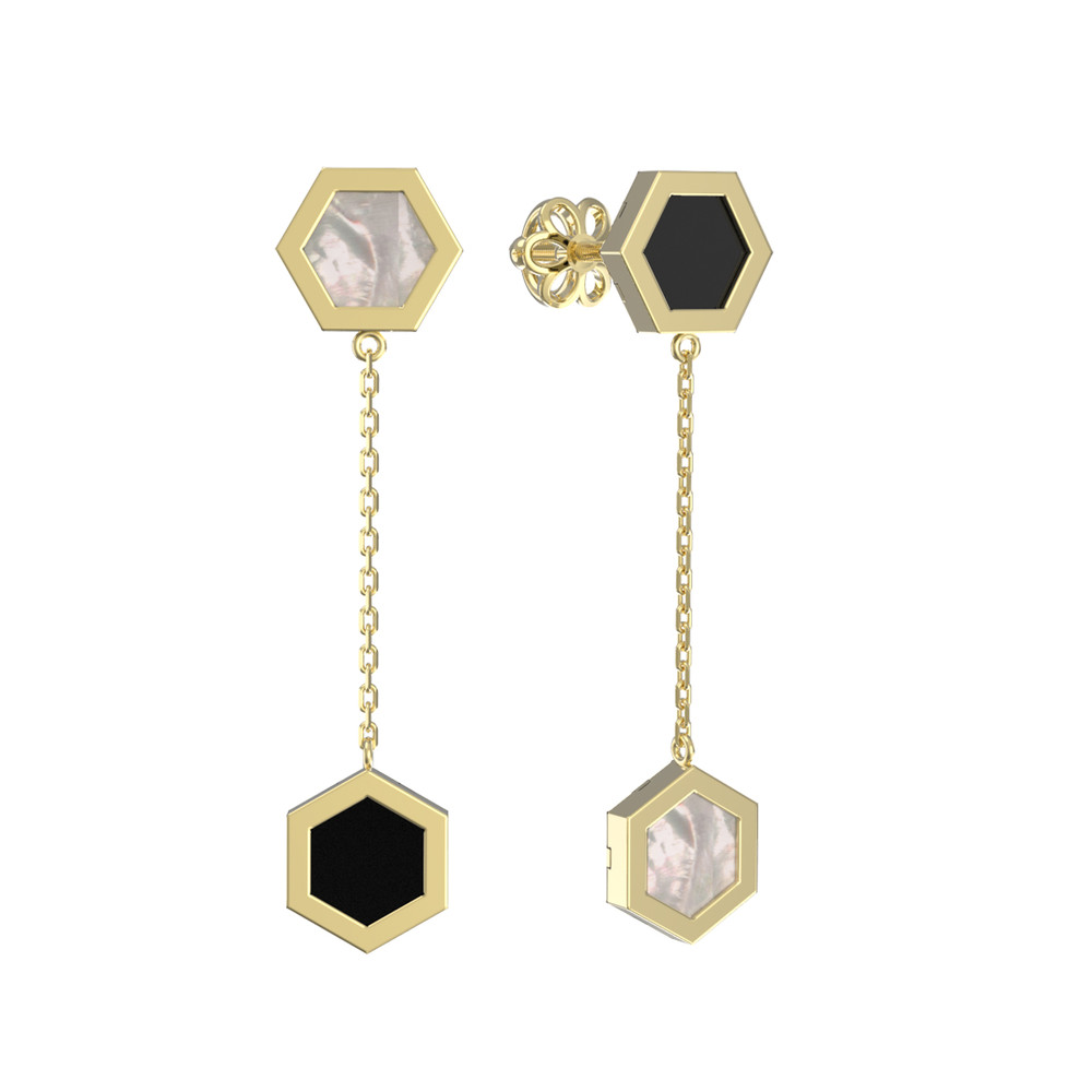 Серьги из лимонного золота 585 пробы c ониксом и перламутром