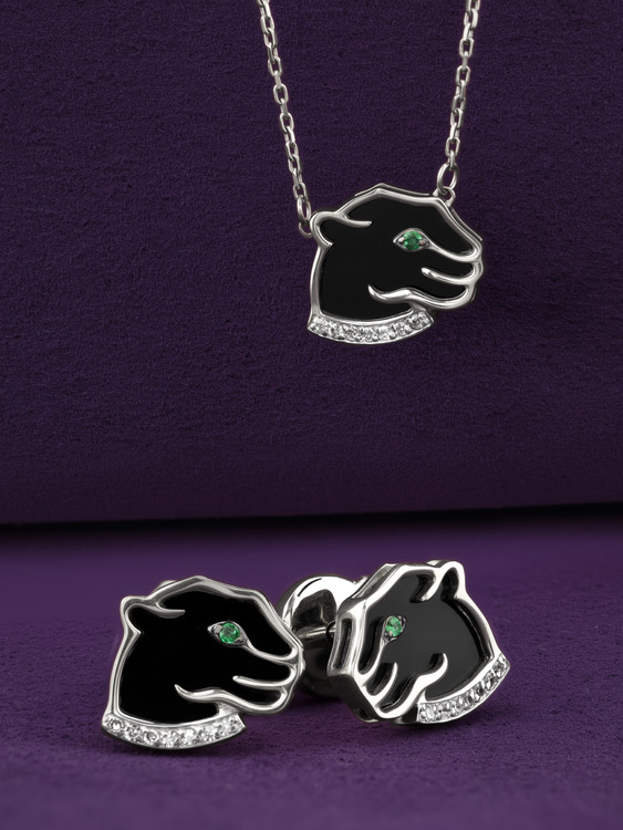 Серьги из белого золота 585 пробы c бриллиантами, изумрудом и ониксом