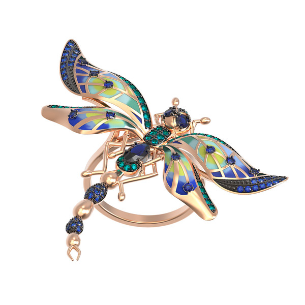 Кольцо из красного золота 585 пробы c фианитом, сапфиром и эмалью