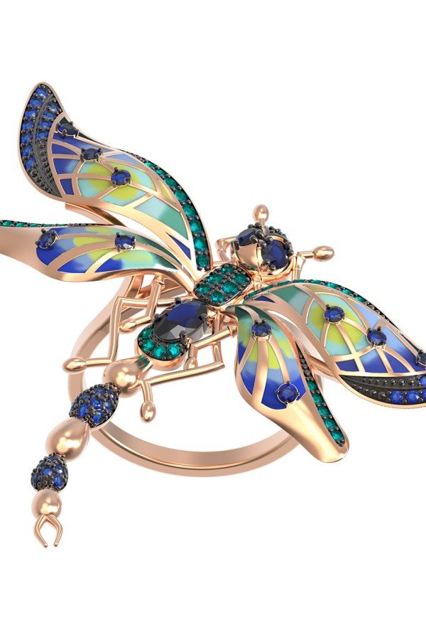 Кольцо из золота c фианитом, сапфиром и эмалью