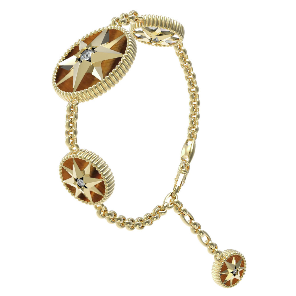 Браслет из лимонного золота 585 пробы c фианитом, тигровым глазом и перламутром