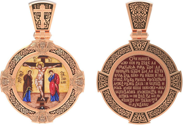 Нательная икона из красного золота 585 пробы c эмалью, иконописью и темперой