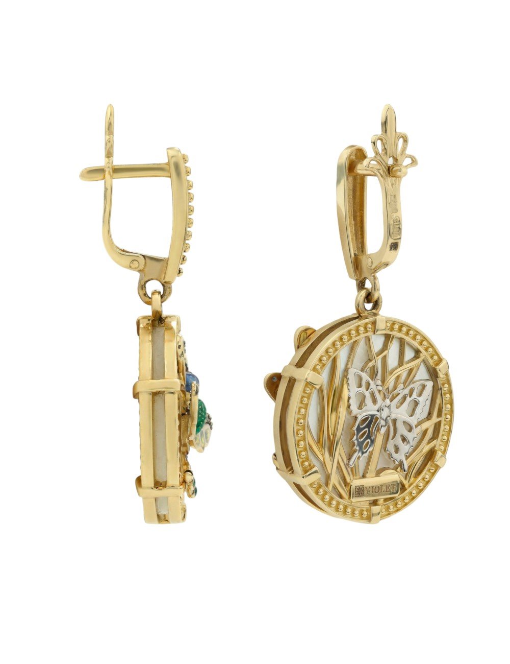 Серьги из лимонного золота c сапфиром, изумрудом, эмалью и перламутром