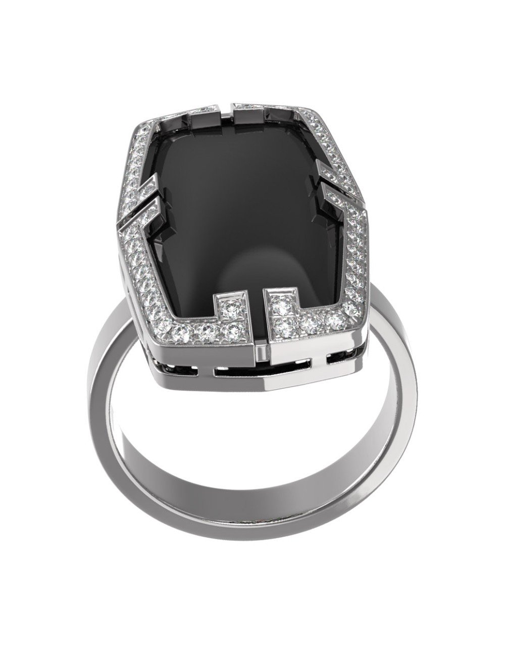 Кольцо из белого золота c бриллиантами, рубином и ониксом