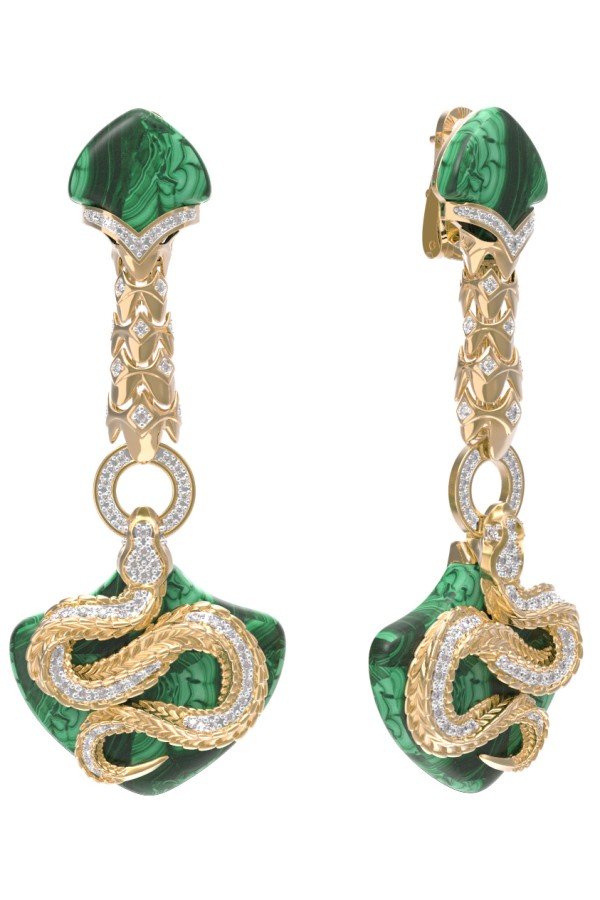 Серьги из лимонного золота c бриллиантами и малахитом