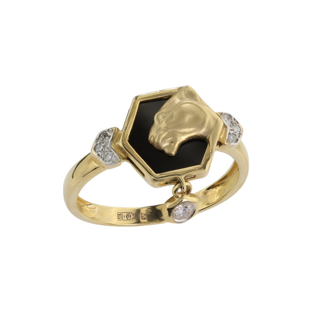 Кольцо из лимонного золота 585 пробы c бриллиантами и ониксом