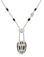 Колье из белого золота c бриллиантами, рубином, ониксом, малахитом и перламутром