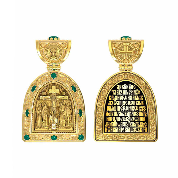 Образок из лимонного золота 585 пробы c эмалью и хризопразом