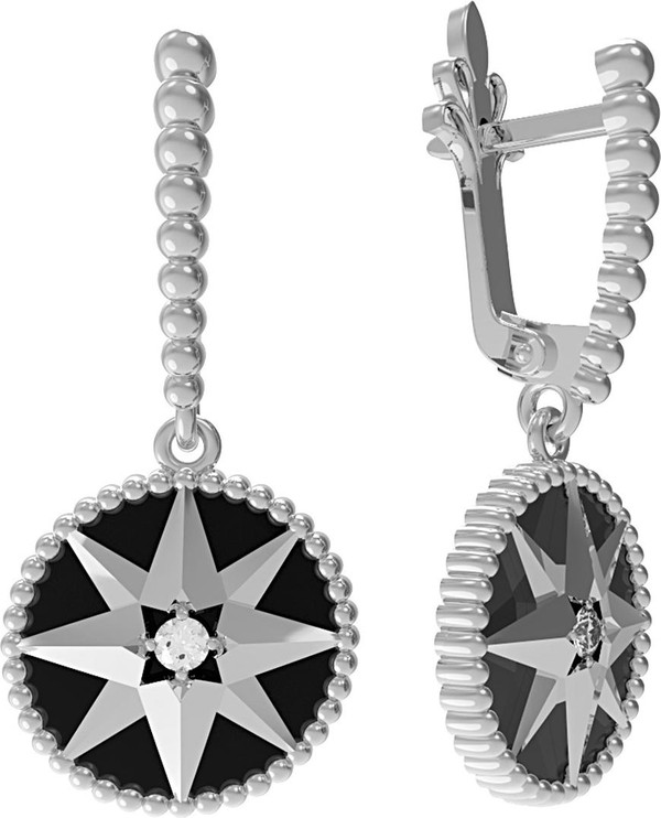 Серьги из белого золота 585 пробы c фианитом и ониксом