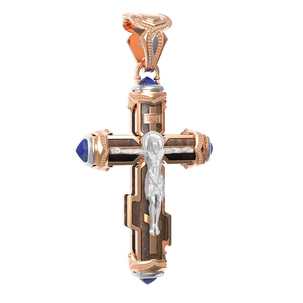 Крест из красного золота 585 пробы c лазуритом и железным деревом