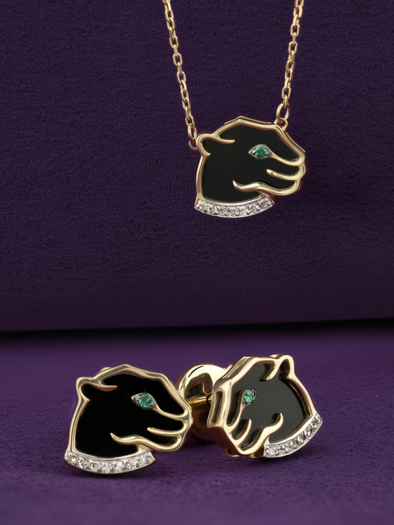 Колье из лимонного золота 585 пробы c бриллиантами, изумрудом и ониксом