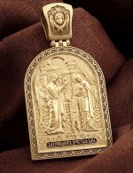 Образок из лимонного золота c эмалью и бивнем мамонта