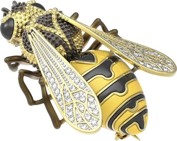 Брошь из лимонного золота c эмалью и фианитом