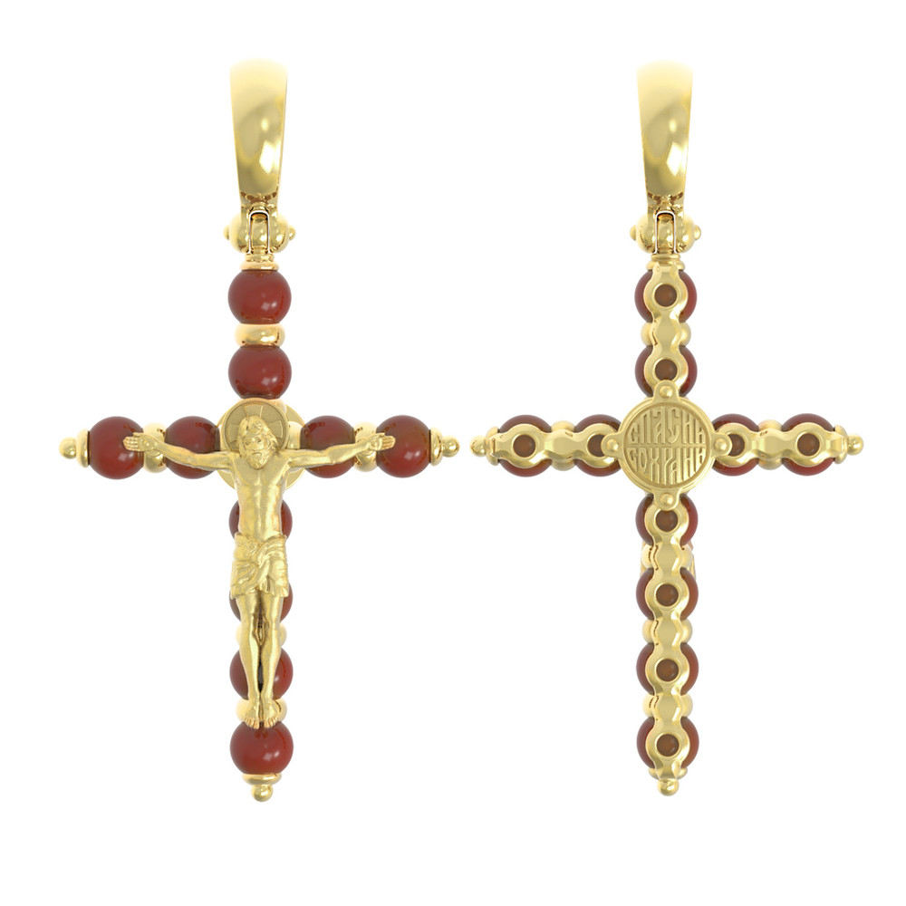 Крест из лимонного золота 585 пробы c кораллом