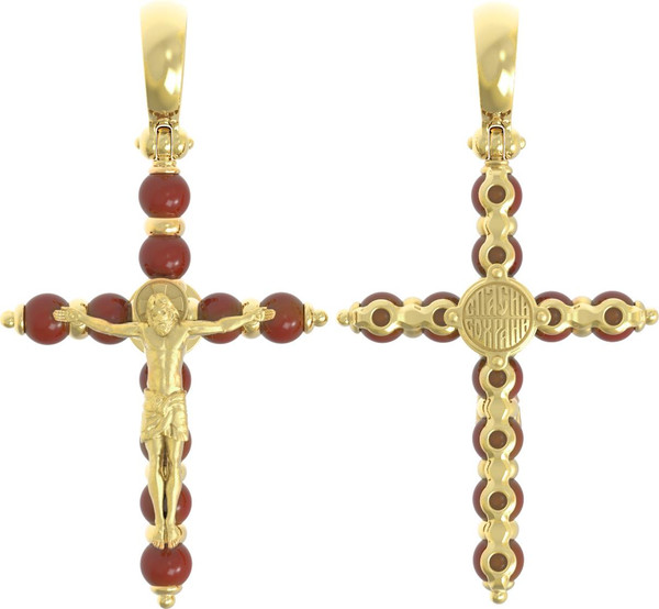 Крест из лимонного золота 585 пробы c кораллом