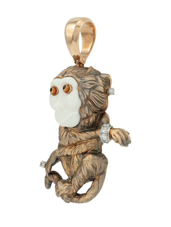 Подвеска из красного золота 585 пробы c эмалью, бриллиантами, рубином и бивнем мамонта