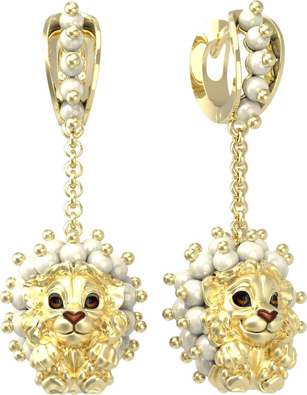 Серьги из лимонного золота 585 пробы c эмалью и жемчугом