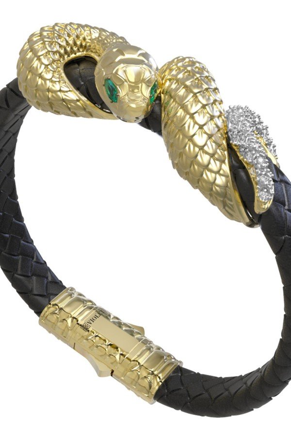 Браслет из лимонного золота c бриллиантами, изумрудом и шнурком